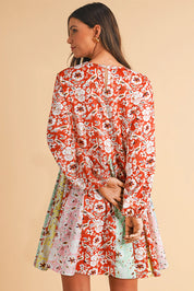 Damen Mini Sommerkleid Rot mit Blumenmuster – Langarm, Baumwolle