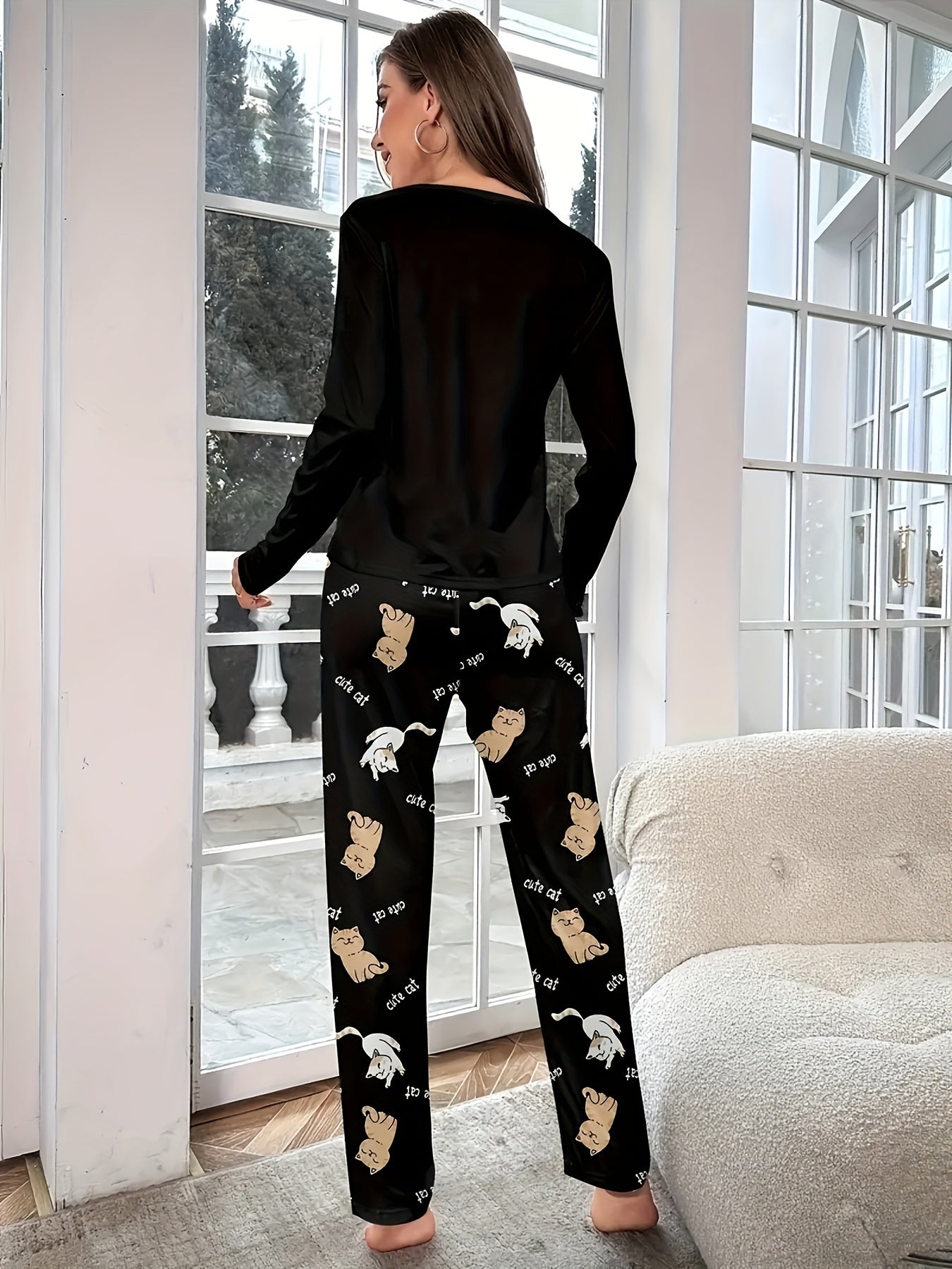 Damen Pyjama-Set mit Tiermotiv – Rundhalsausschnitt, bequem, ganzjährig tragbar