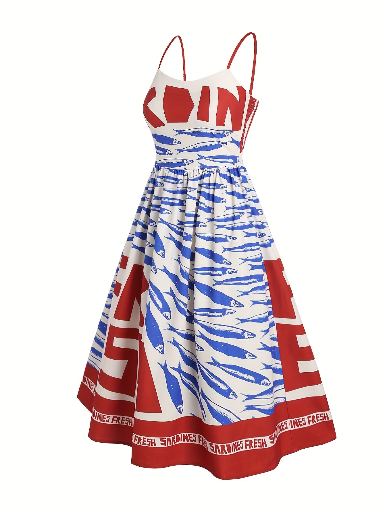 Damen Sommerkleid mit maritimem Muster – Ärmelloses Midikleid, tailliert, mit Reißverschluss