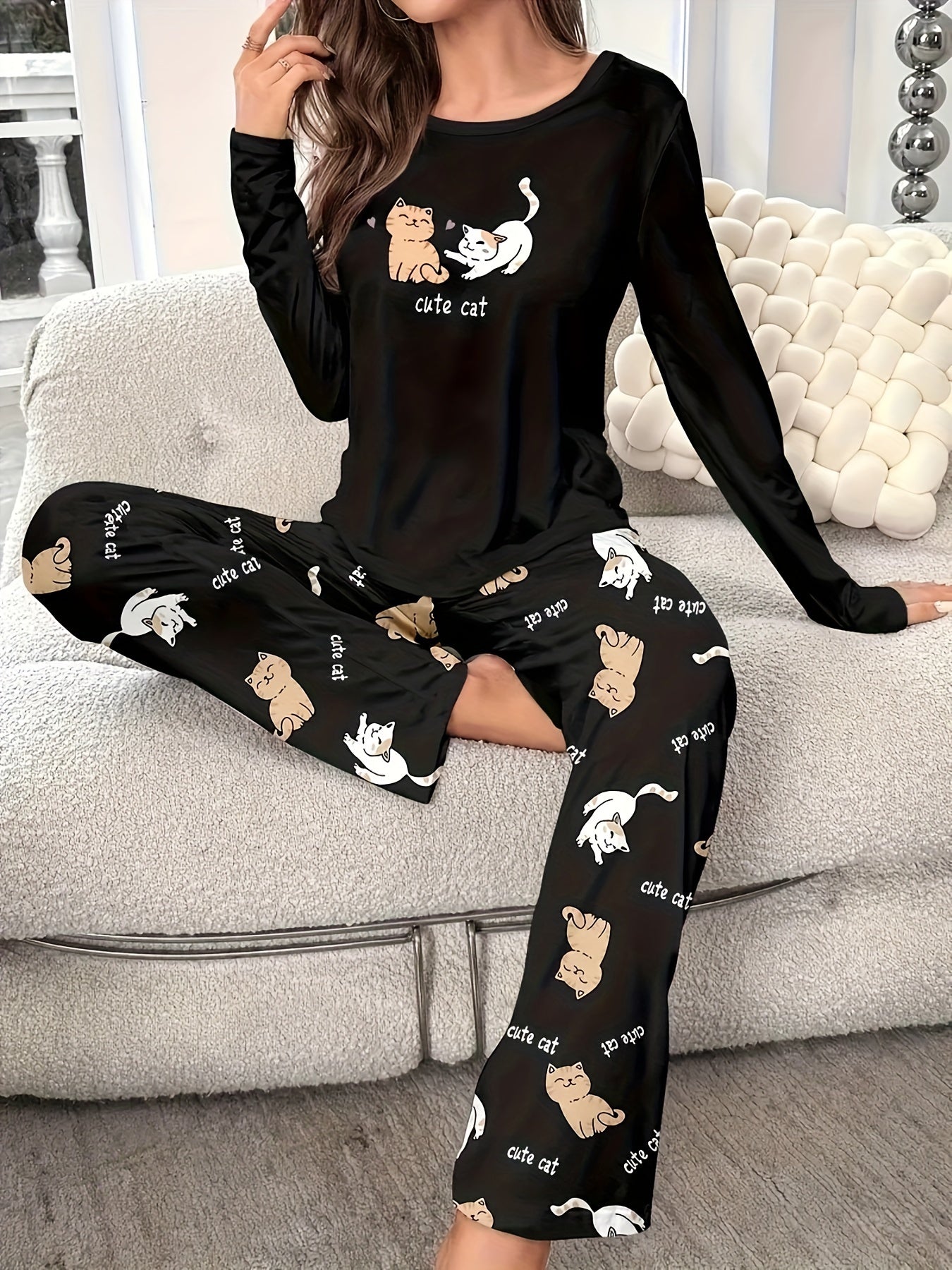 Damen Pyjama-Set mit Tiermotiv – Rundhalsausschnitt, bequem, ganzjährig tragbar