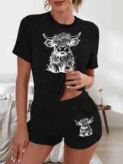 Damen Pyjama Set mit Highland-Kuh-Print – T-Shirt & Shorts