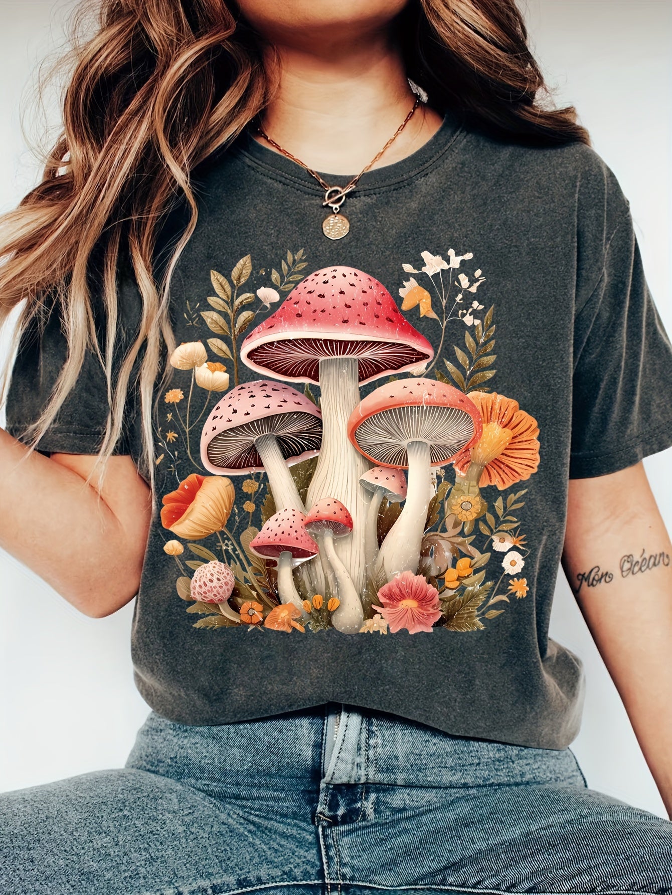 Rundhals-T-Shirt Mit Pilzdruck, Lässiges