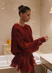 Damen Partykleid mit langen Ärmeln – Satin Look, Ausgestellter Schnitt