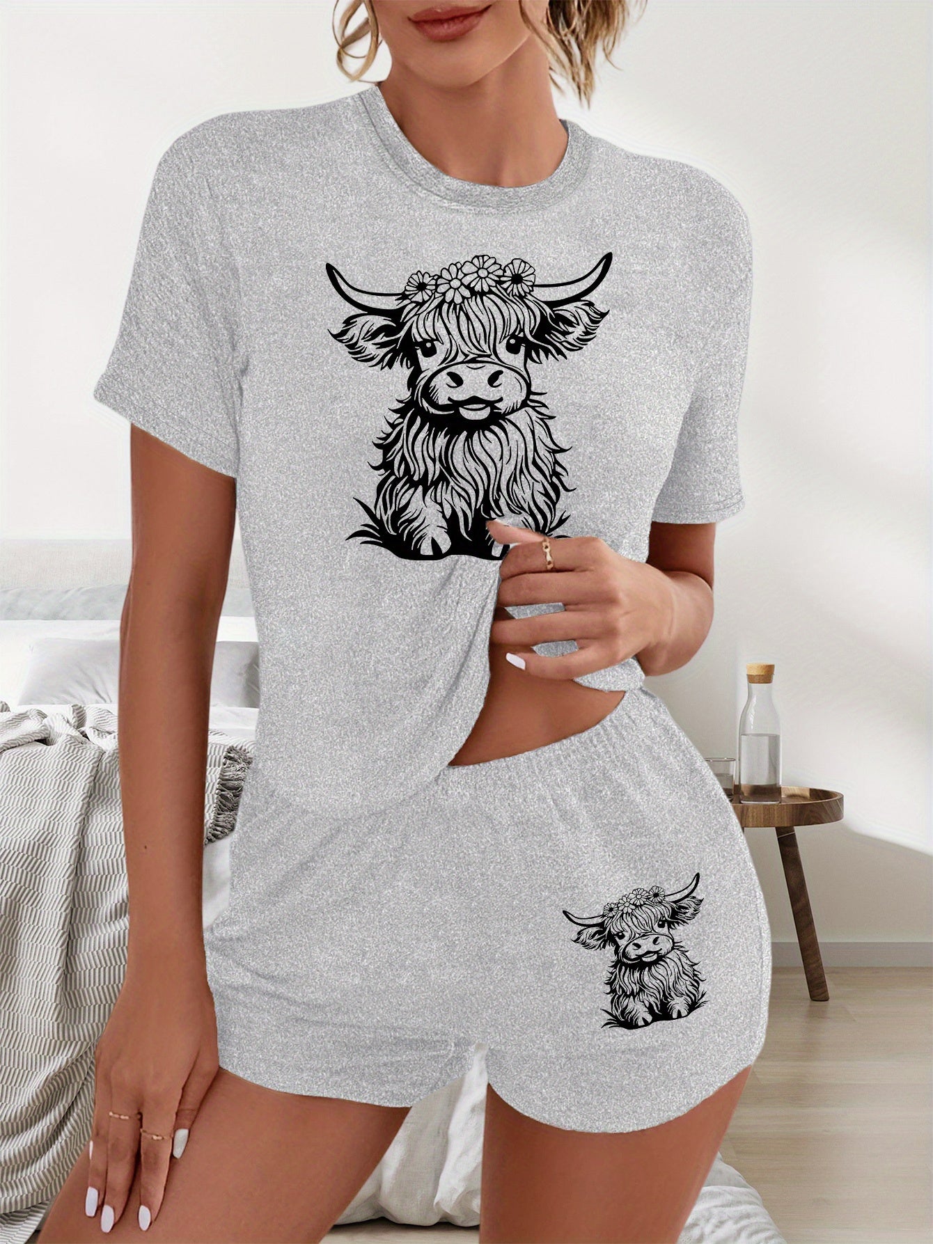 Damen Pyjama Set mit Highland-Kuh-Print – T-Shirt & Shorts