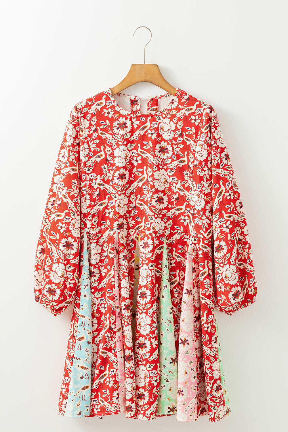 Damen Mini Sommerkleid Rot mit Blumenmuster – Langarm, Baumwolle