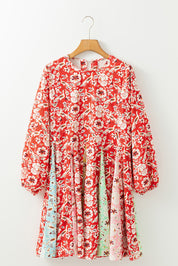 Damen Mini Sommerkleid Rot mit Blumenmuster – Langarm, Baumwolle