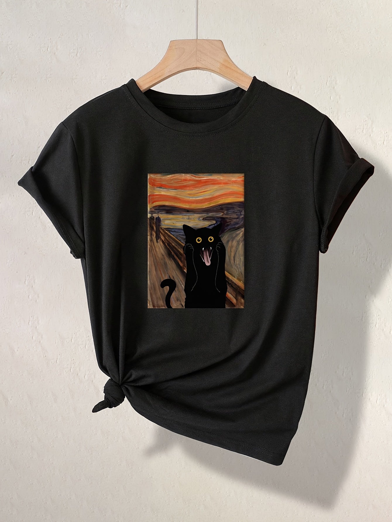 Damen T-Shirt mit schreiender Katzen-Grafik – Rundhalsausschnitt, Kurzarm, lässig