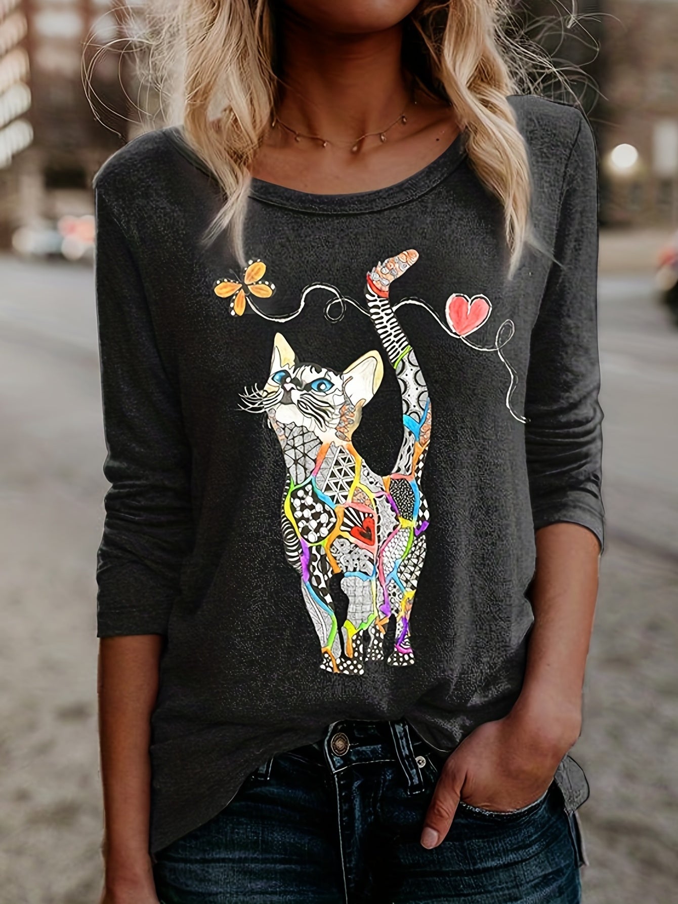 Damen langarmshirt mit Katzen-Print – Figurbetont, bequem, langärmlig, Frühling & Herbst