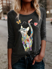 Damen langarmshirt mit Katzen-Print – Figurbetont, bequem, langärmlig, Frühling & Herbst