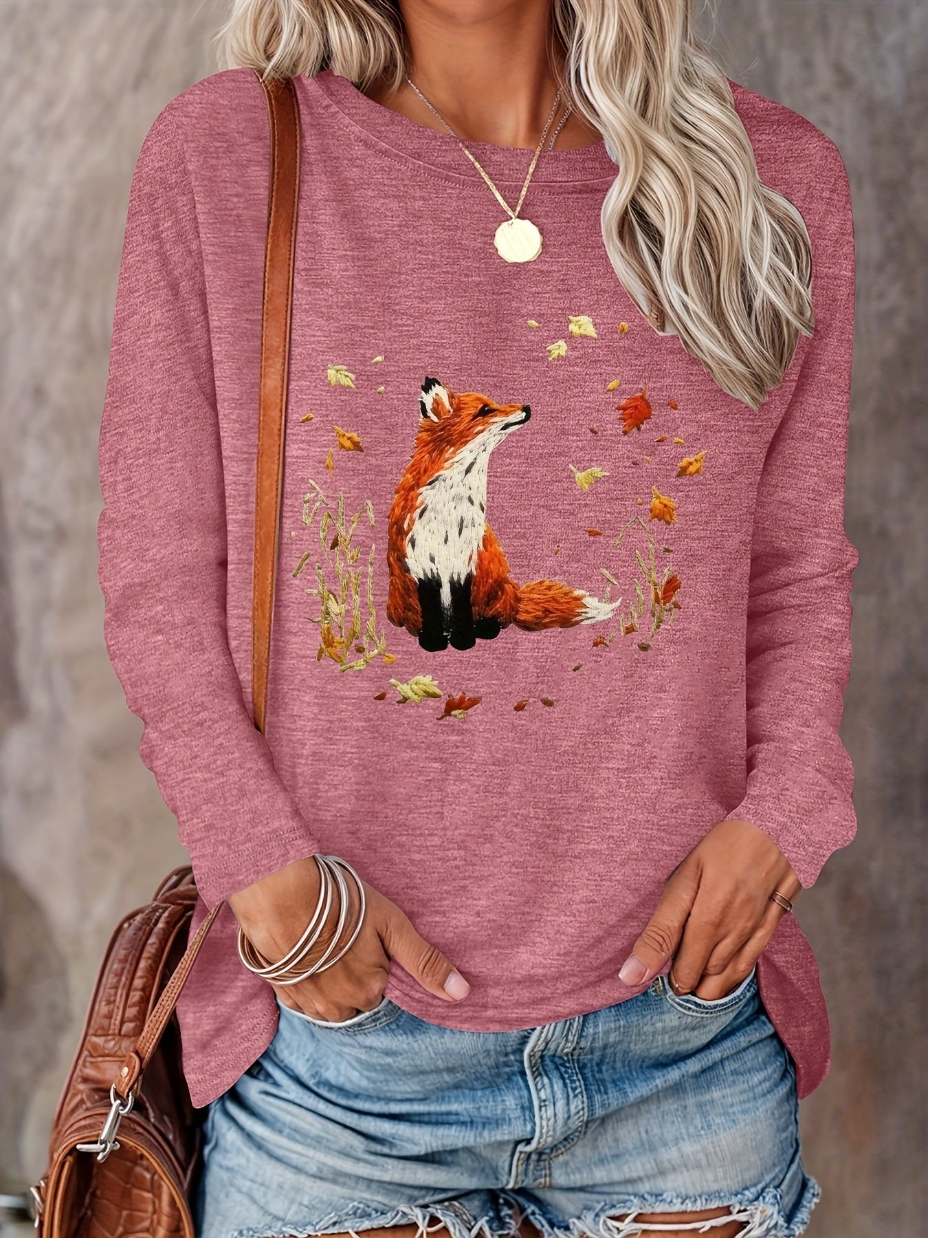 Damen Langarmshirt mit Fuchs- & Herbstblätter-Print – Rundhalsausschnitt, reguläre Länge, lässig, Frühling & Herbst
