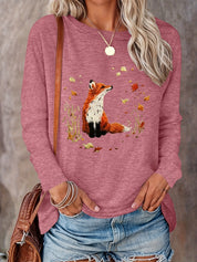 Damen Langarmshirt mit Fuchs- & Herbstblätter-Print – Rundhalsausschnitt, reguläre Länge, lässig, Frühling & Herbst