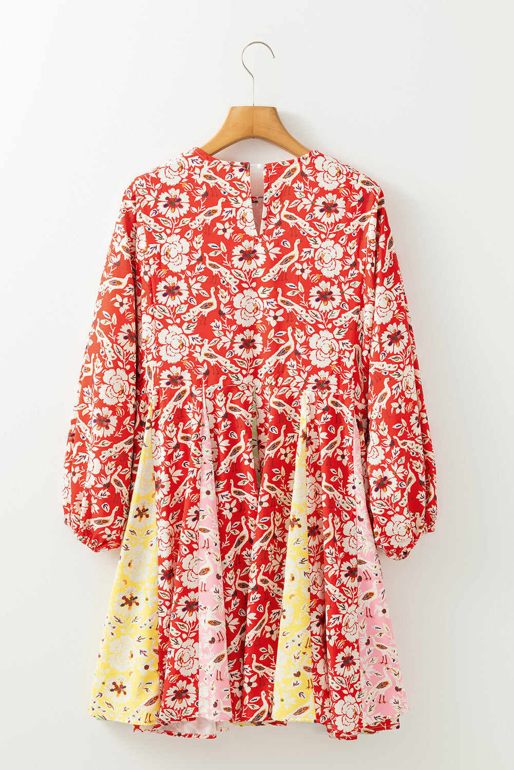 Damen Mini Sommerkleid Rot mit Blumenmuster – Langarm, Baumwolle