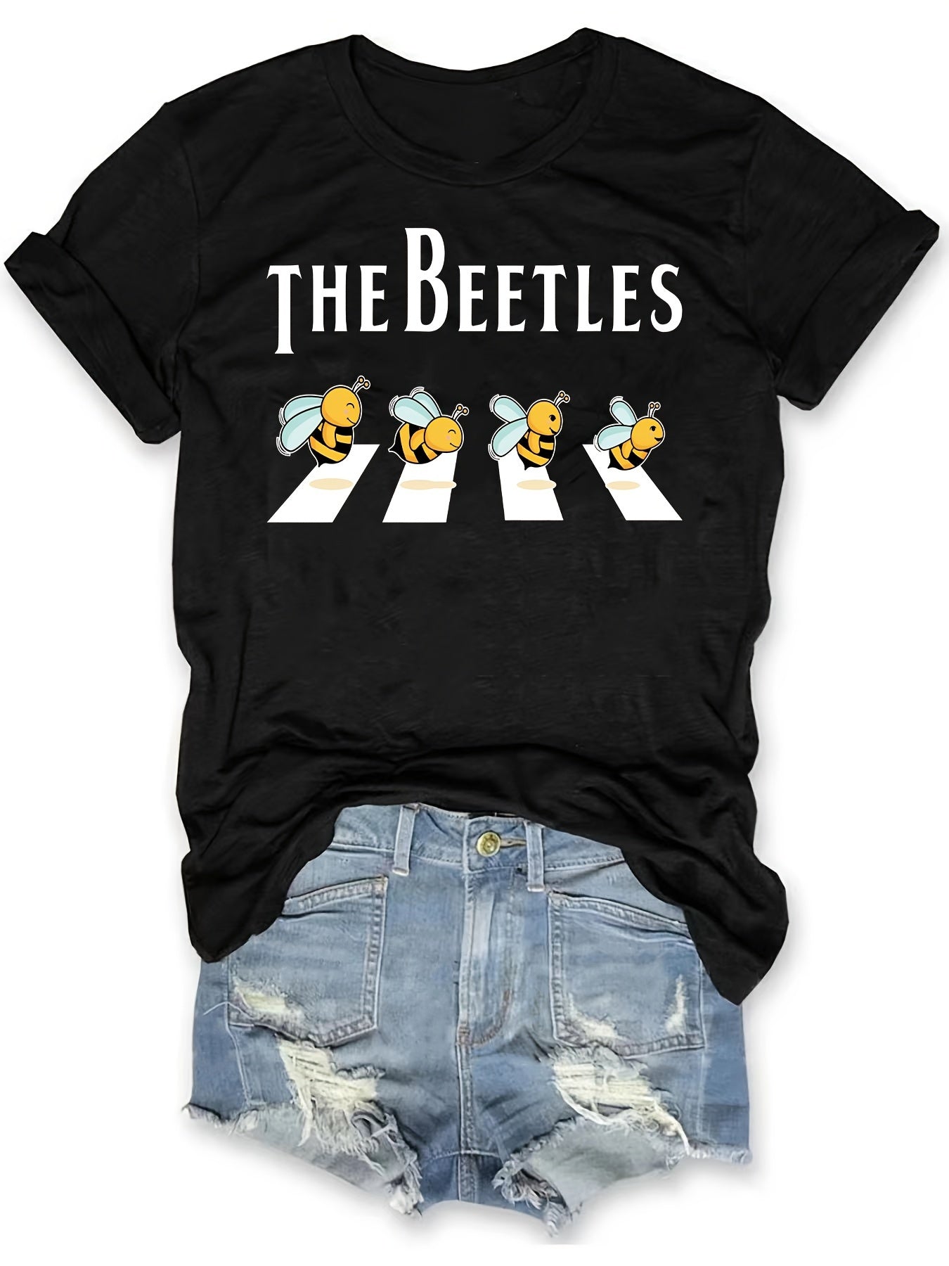 Damen T-Shirt mit Bienen- & Buchstaben-Print – Rundhalsausschnitt, Kurzarm, lässig, Frühling & Sommer