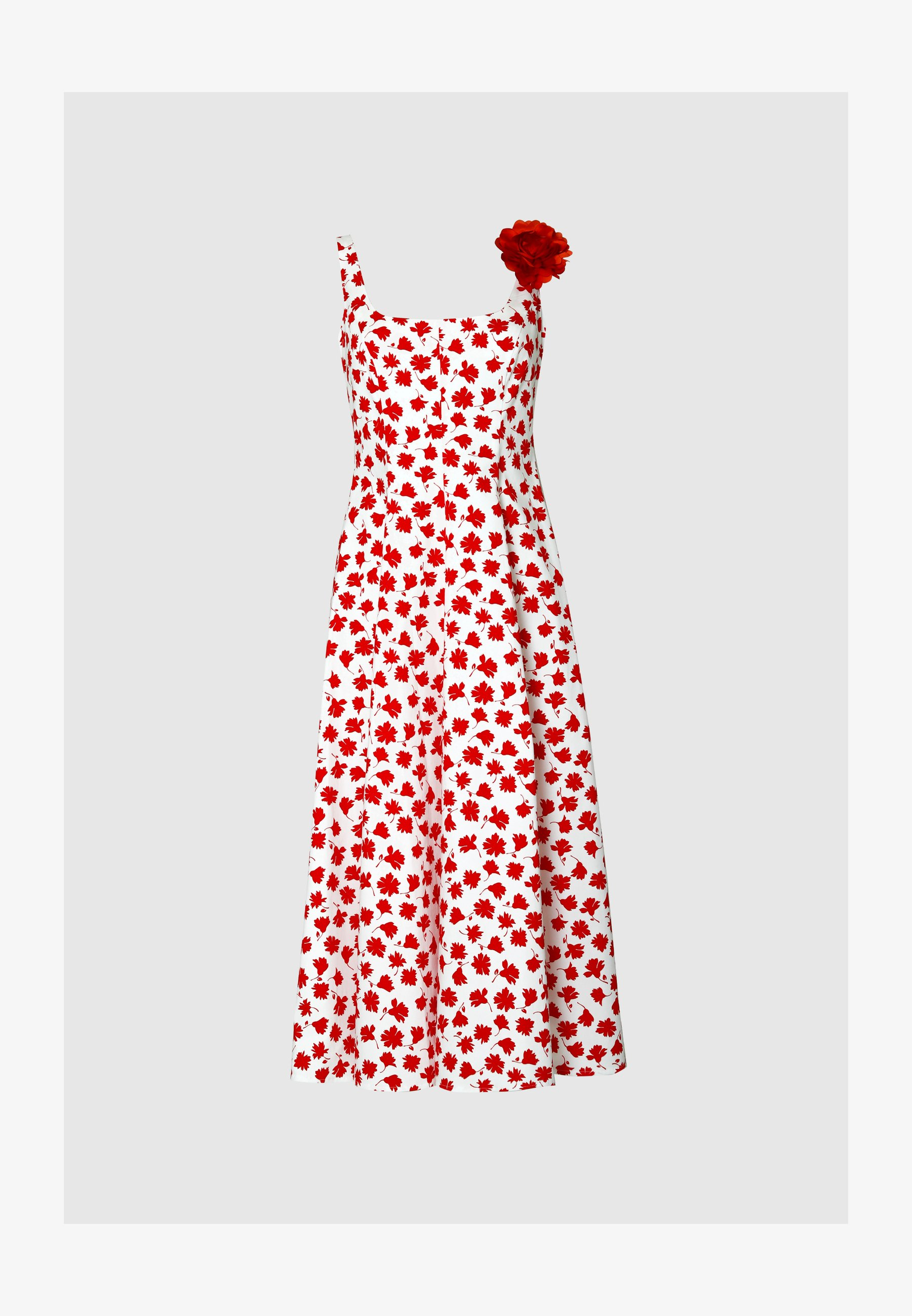 Sommerkleid mit roten Blumen – Midikleid, ärmellos, tailliert, Rundhalsausschnitt