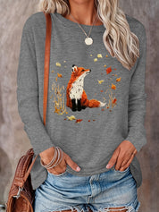 Damen Langarmshirt mit Fuchs- & Herbstblätter-Print – Rundhalsausschnitt, reguläre Länge, lässig, Frühling & Herbst