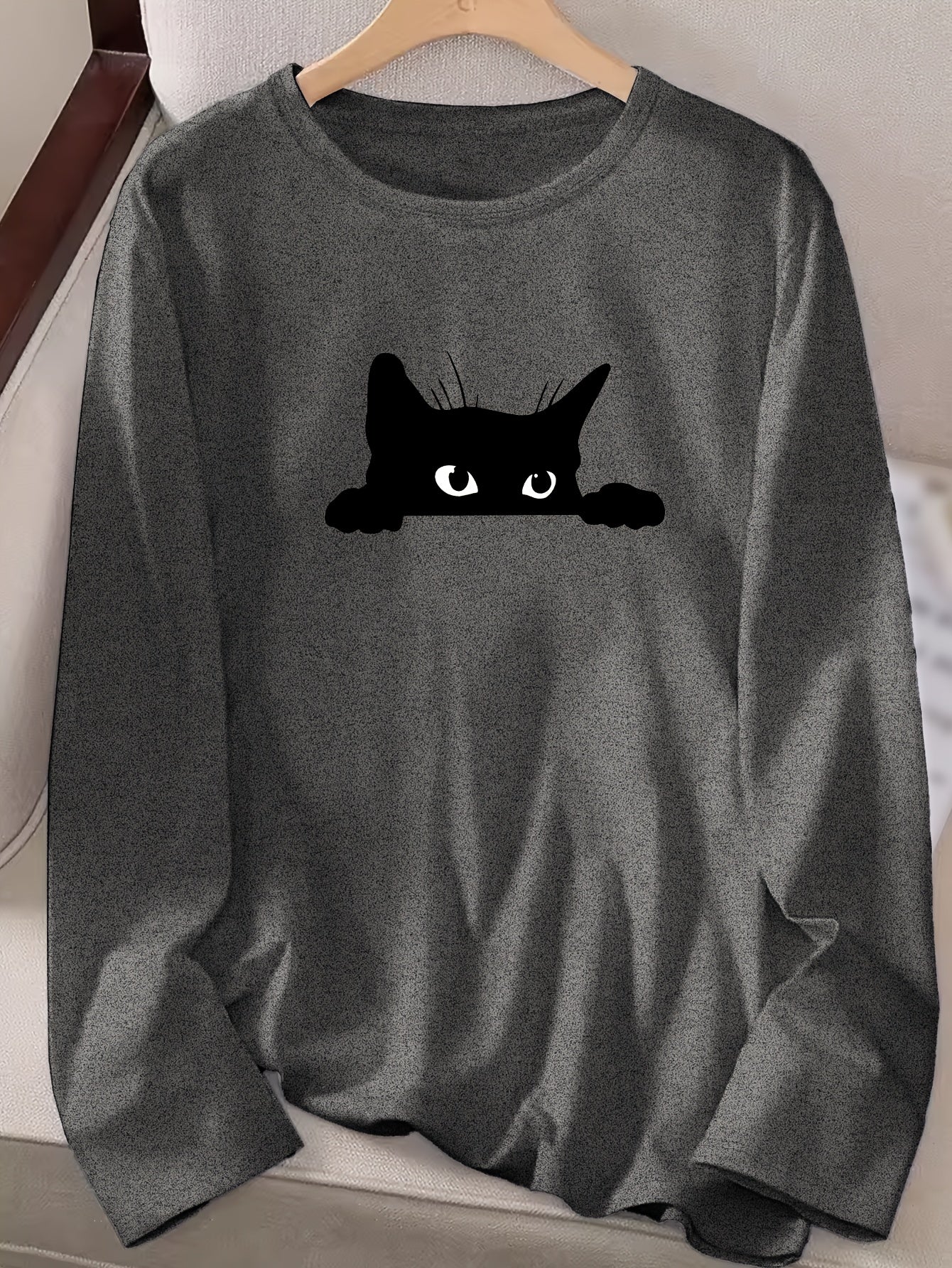 Damen Langarmshirt mit schwarzem Katzen-Print – Rundhalsausschnitt, lässig, Herbst