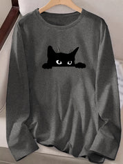 Damen Langarmshirt mit schwarzem Katzen-Print – Rundhalsausschnitt, lässig, Herbst