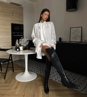 Damen Blusenkleid aus Satin – Oversized, Elegant mit Schleife & Puffärmeln