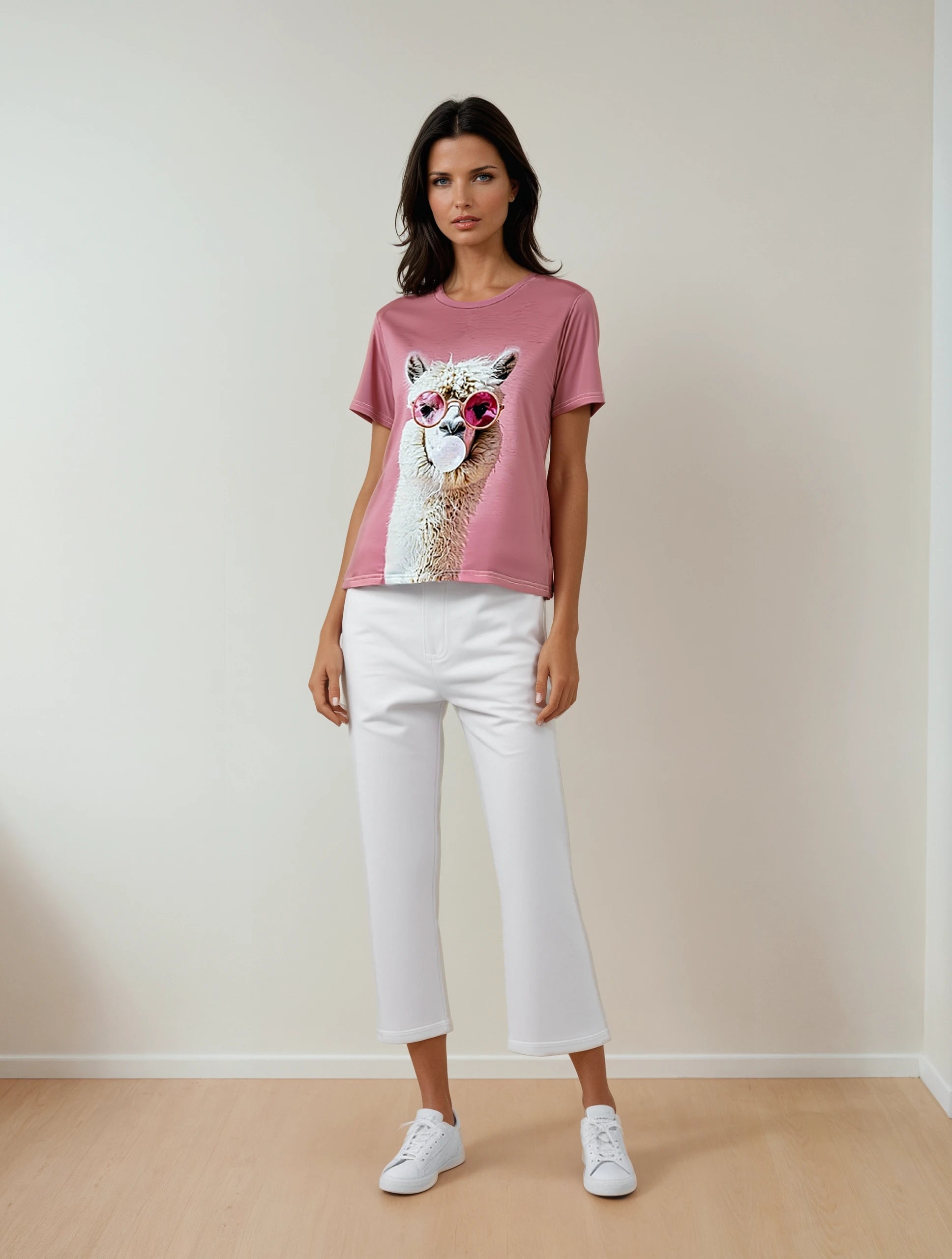 T-Shirt mit Alpaka-Print – Rundhalsausschnitt, reguläre Länge, sommerlich