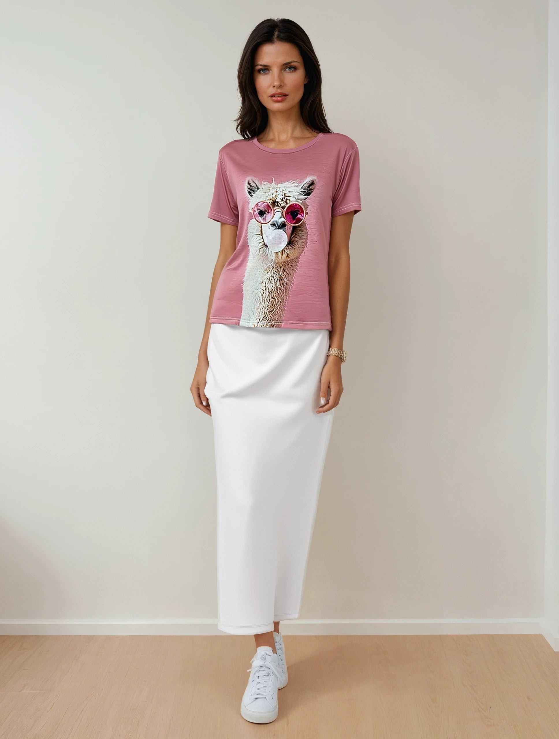 T-Shirt mit Alpaka-Print – Rundhalsausschnitt, reguläre Länge, sommerlich