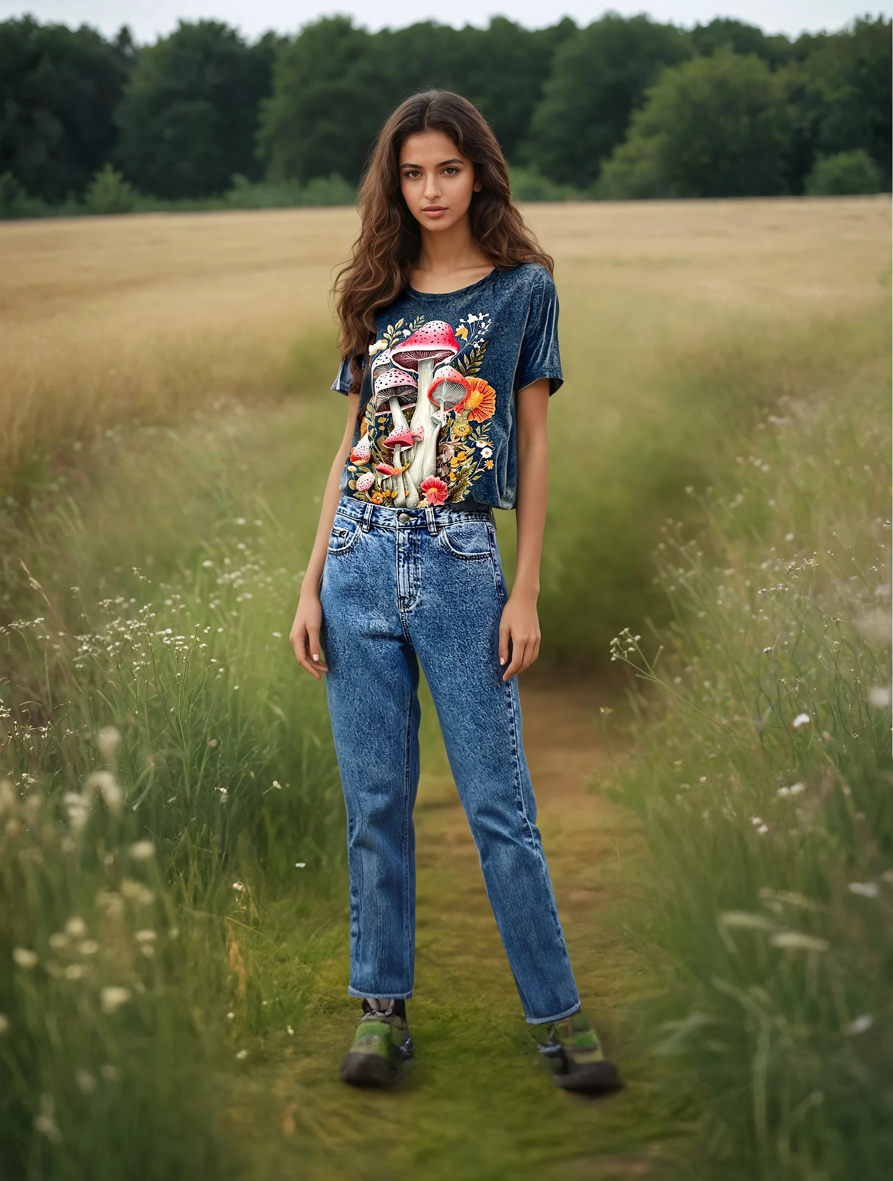 Rundhals-T-Shirt Mit Pilzdruck, Lässiges