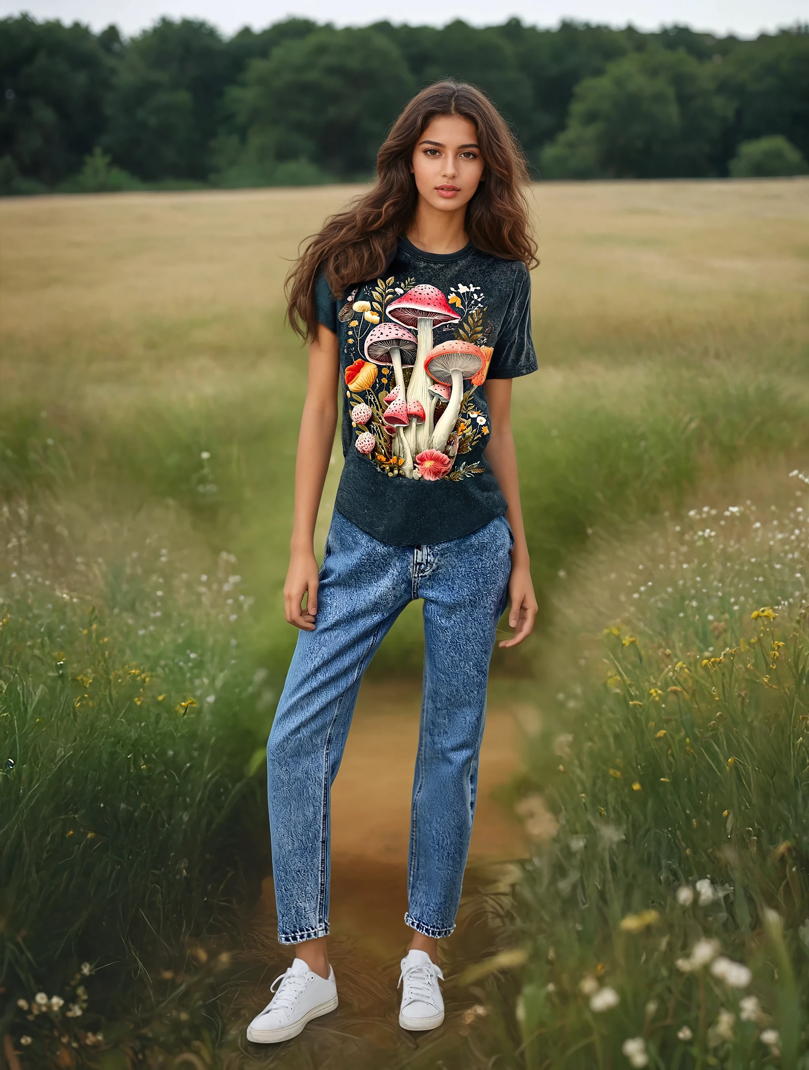 Rundhals-T-Shirt Mit Pilzdruck, Lässiges