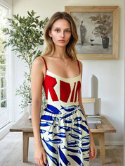 Damen Sommerkleid mit maritimem Muster – Ärmelloses Midikleid, tailliert, mit Reißverschluss