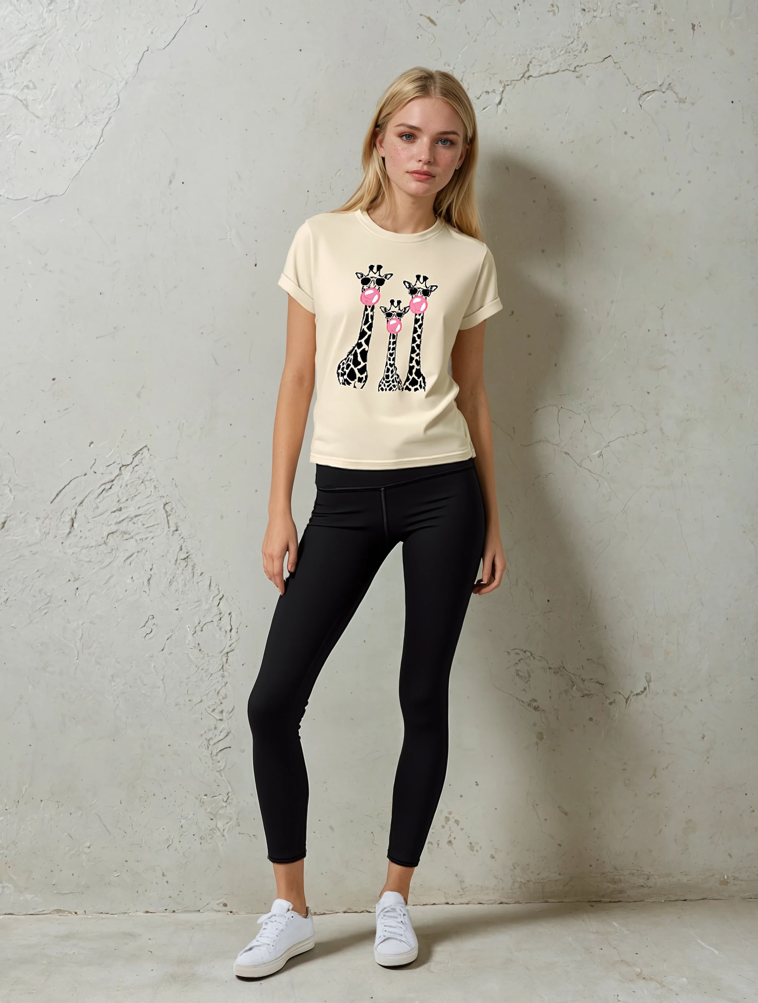 Damen T-Shirt mit Drei-Giraffen-Print – Rundhalsausschnitt, lässig, bequem