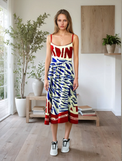 Damen Sommerkleid mit maritimem Muster – Ärmelloses Midikleid, tailliert, mit Reißverschluss