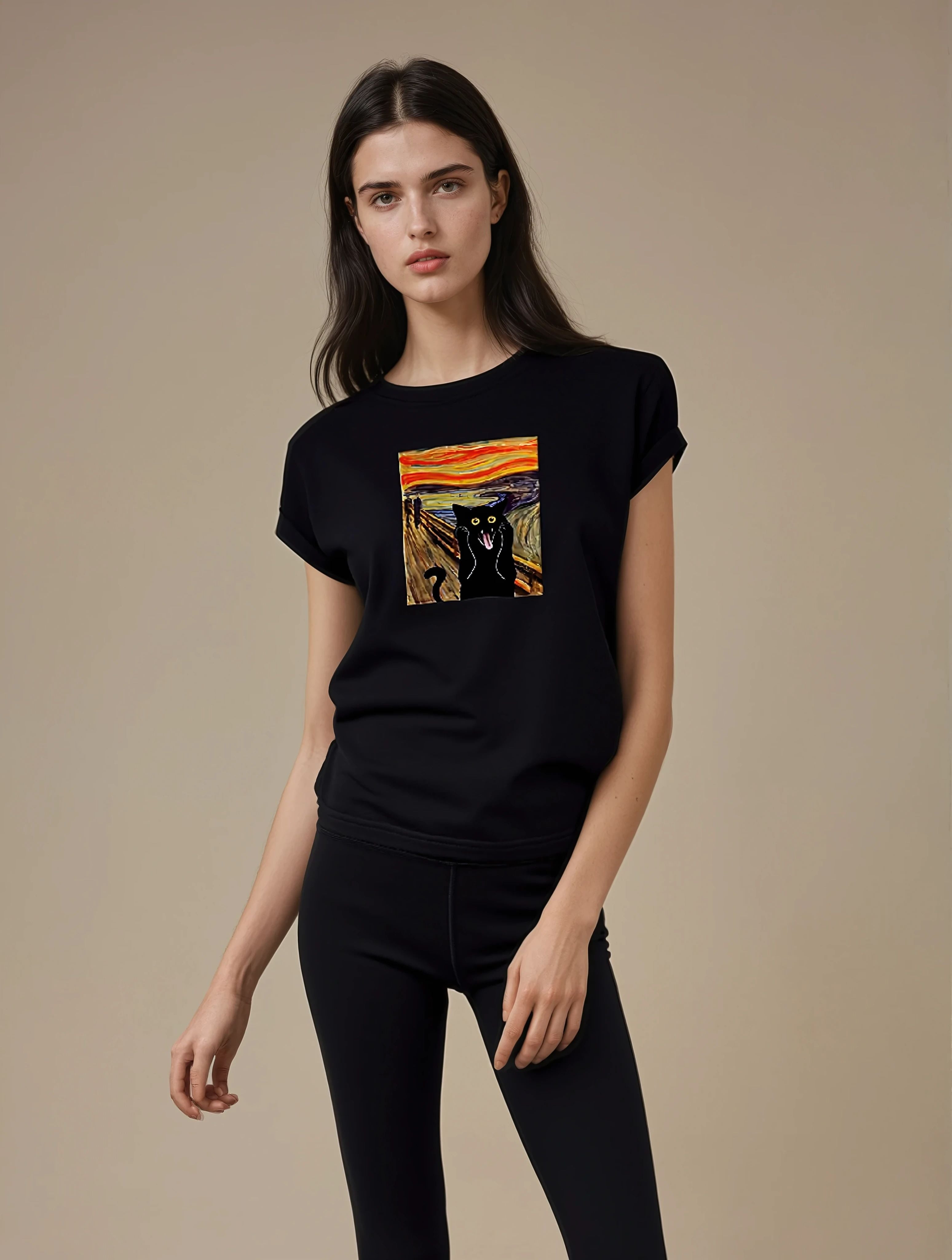 Damen T-Shirt mit schreiender Katzen-Grafik – Rundhalsausschnitt, Kurzarm, lässig
