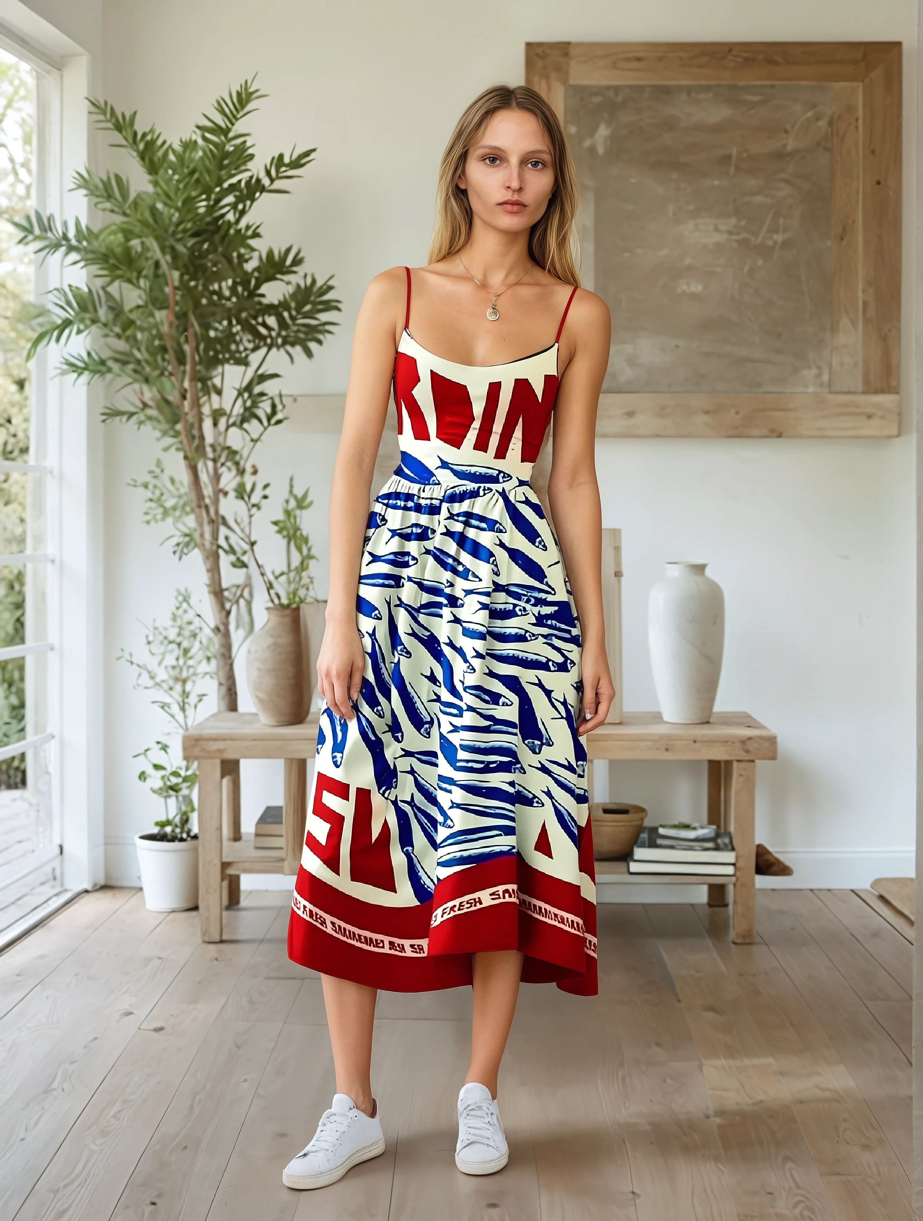 Damen Sommerkleid mit maritimem Muster – Ärmelloses Midikleid, tailliert, mit Reißverschluss