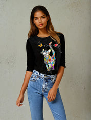 Damen langarmshirt mit Katzen-Print – Figurbetont, bequem, langärmlig, Frühling & Herbst