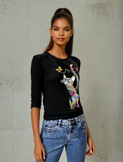 Damen langarmshirt mit Katzen-Print – Figurbetont, bequem, langärmlig, Frühling & Herbst
