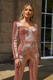 Eleganter Damen Glitzer-Jumpsuit mit Gürtel – Figurbetont, One-Piece, Perfekt für Party & Abend