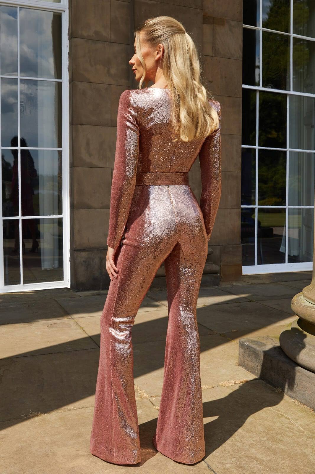 Eleganter Damen Glitzer-Jumpsuit mit Gürtel – Figurbetont, One-Piece, Perfekt für Party & Abend