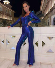 Eleganter Damen Glitzer-Jumpsuit mit Gürtel – Figurbetont, One-Piece, Perfekt für Party & Abend