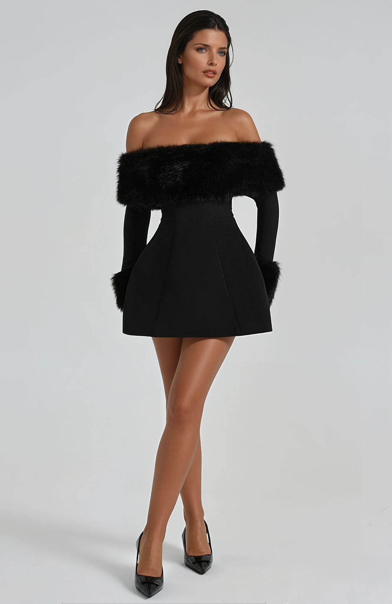 Mini Kleid für Damen – Off-Shoulder mit Flausch-Details an Ärmeln & Ausschnitt