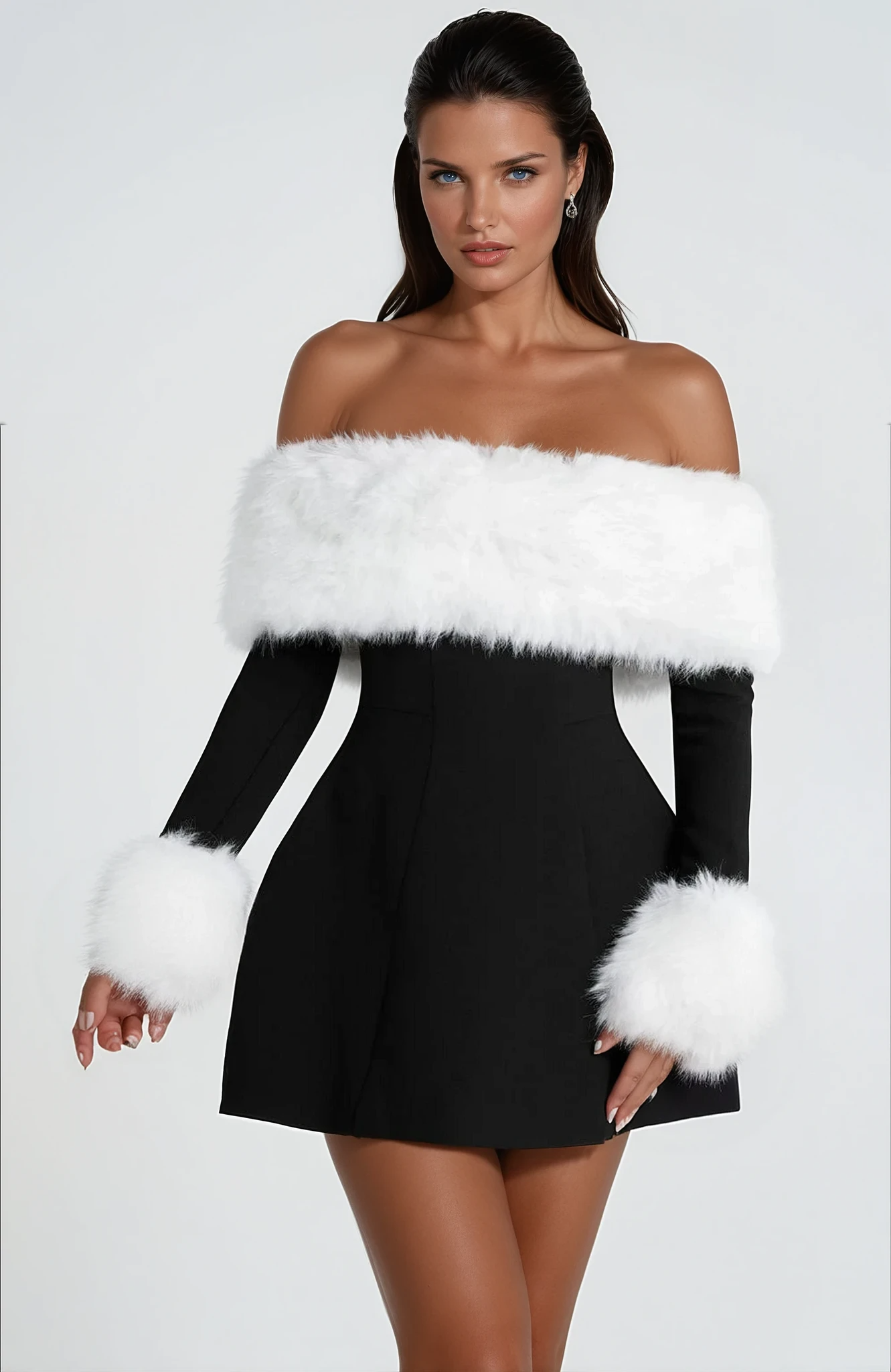 Mini Kleid für Damen – Off-Shoulder mit Flausch-Details an Ärmeln & Ausschnitt