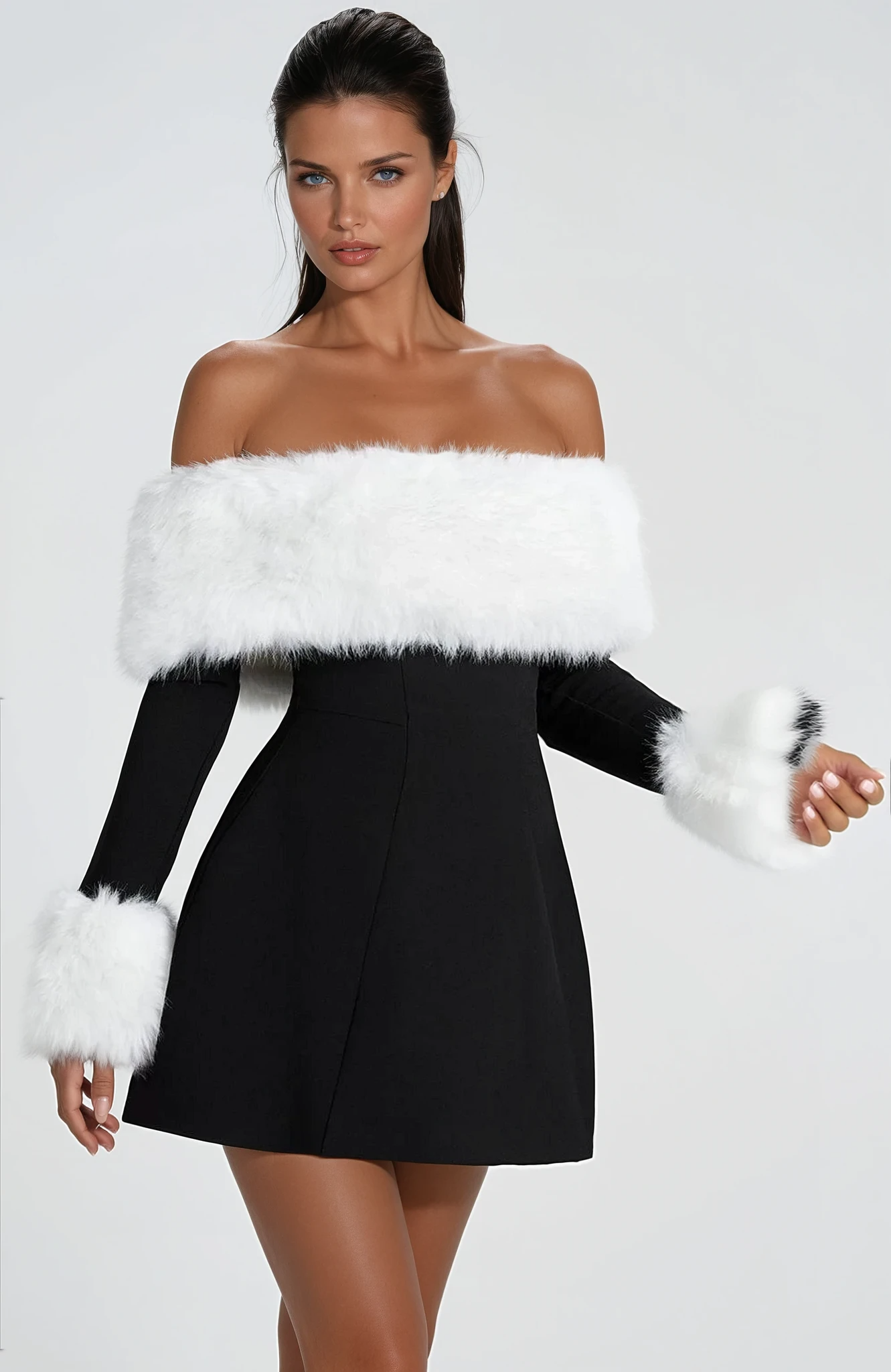 Mini Kleid für Damen – Off-Shoulder mit Flausch-Details an Ärmeln & Ausschnitt