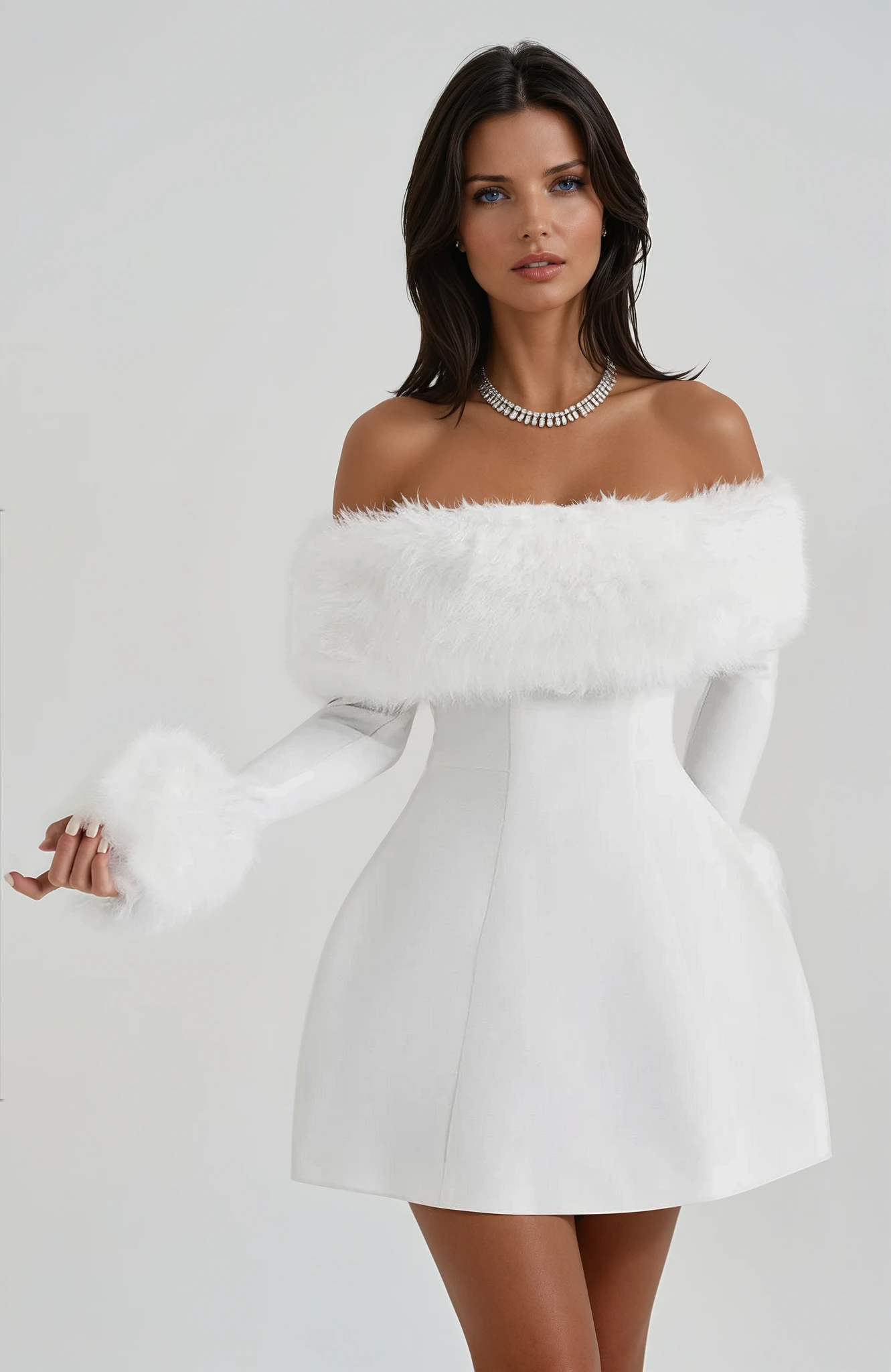 Mini Kleid für Damen – Off-Shoulder mit Flausch-Details an Ärmeln & Ausschnitt