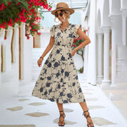 Damen Midi Kleid Blau Blumenmuster Rüschen