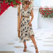 Damen Midi Kleid Blau Blumenmuster Rüschen