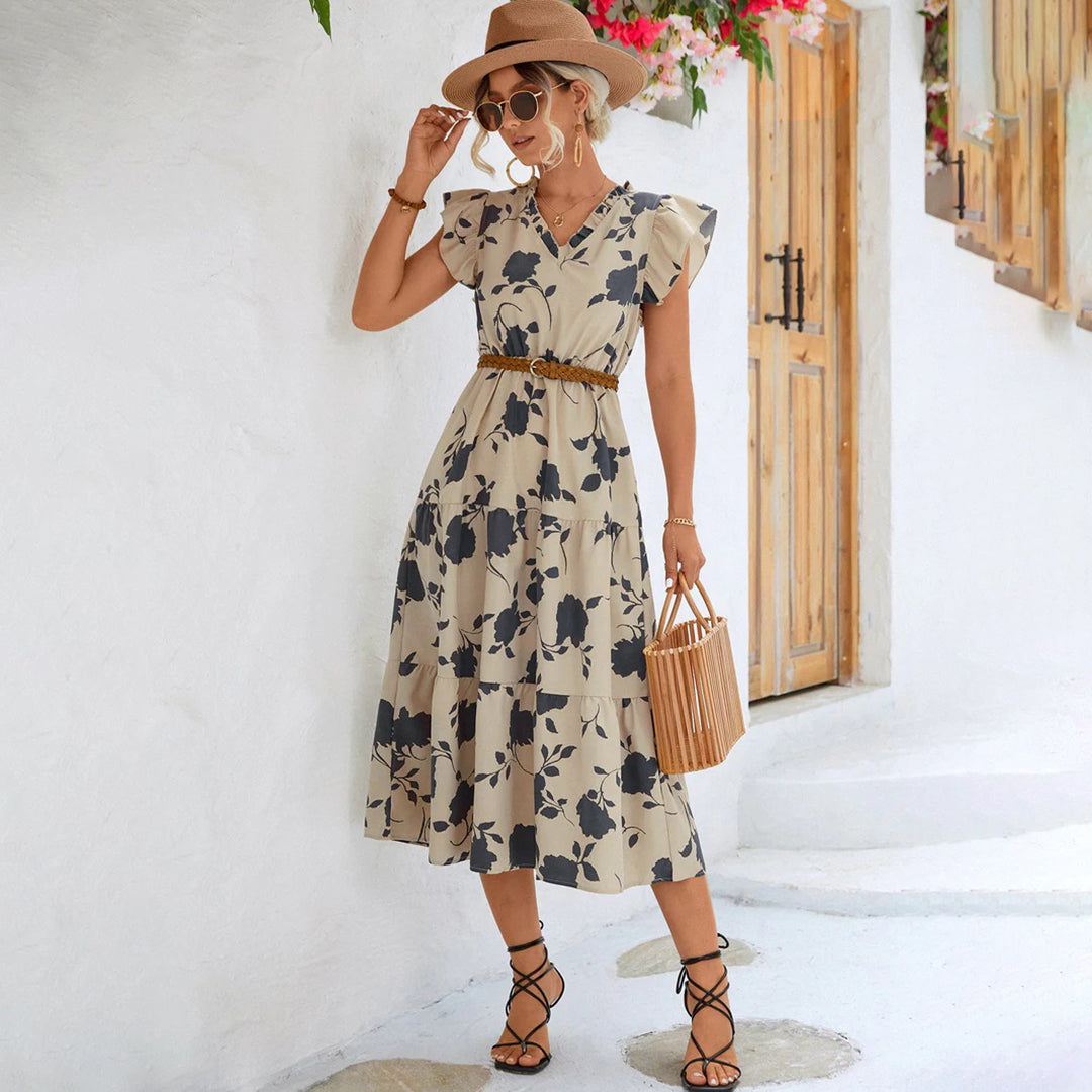 Damen Midi Kleid Blau Blumenmuster Rüschen