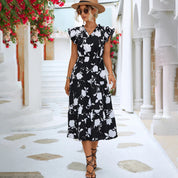 Damen Midi Kleid Blau Blumenmuster Rüschen
