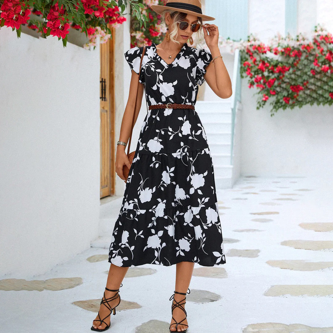 Damen Midi Kleid Blau Blumenmuster Rüschen