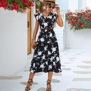 Damen Midi Kleid Blau Blumenmuster Rüschen