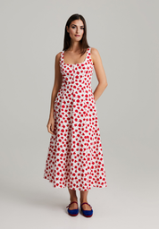 Sommerkleid mit roten Blumen – Midikleid, ärmellos, tailliert, Rundhalsausschnitt