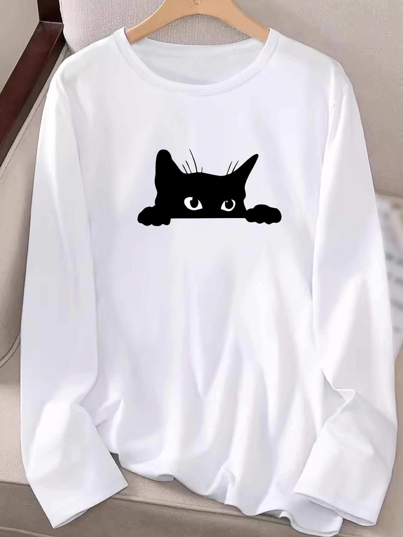 Damen Langarmshirt mit schwarzem Katzen-Print – Rundhalsausschnitt, lässig, Herbst