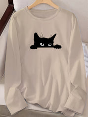 Damen Langarmshirt mit schwarzem Katzen-Print – Rundhalsausschnitt, lässig, Herbst