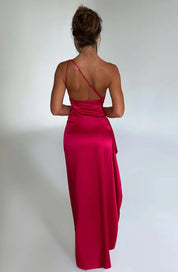 legantes One-Shoulder Satin Abendkleid mit Hohem Beinschlitz – Figurbetont